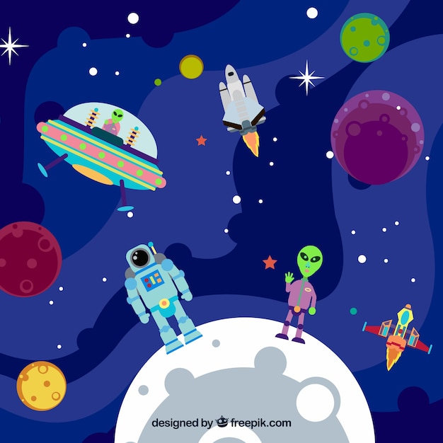 Vector gratuito fondo de planetas con astronauta y extraterrestre