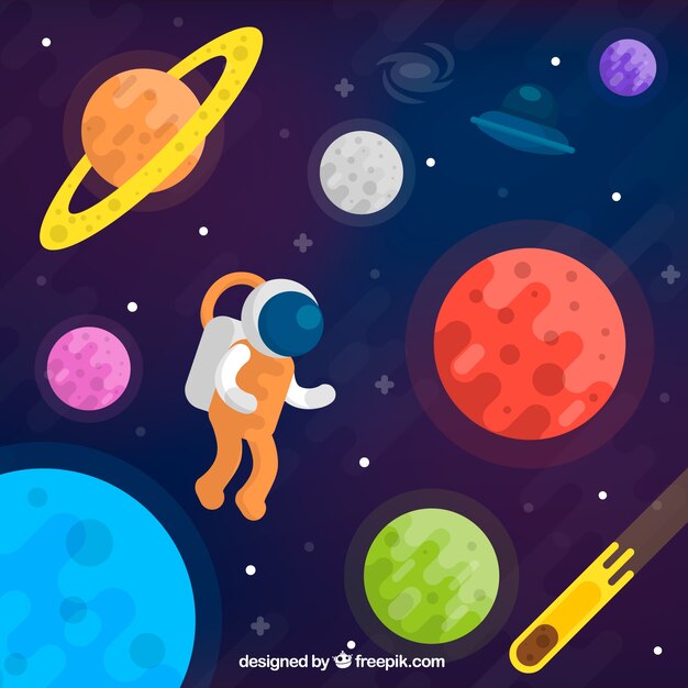 Fondo de planetas de colores y astronauta 