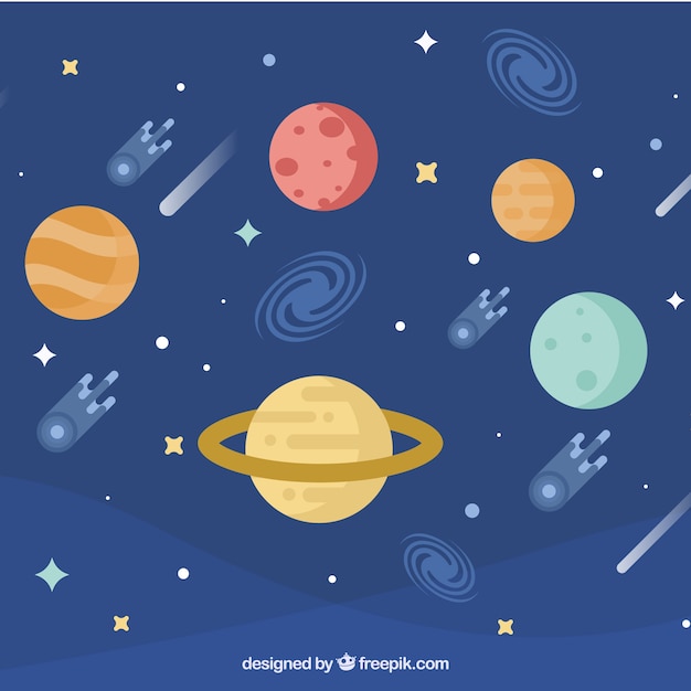 Vector gratuito fondo de planetas con meteoritos en diseño plano