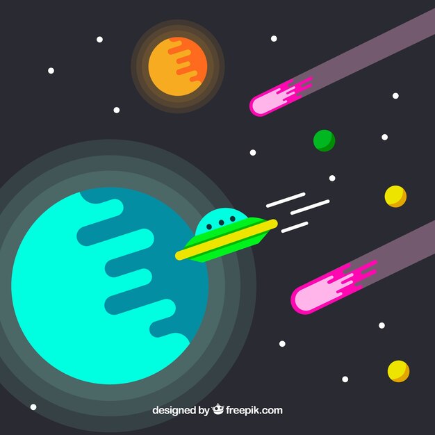 Fondo de planetas y platillo volante 