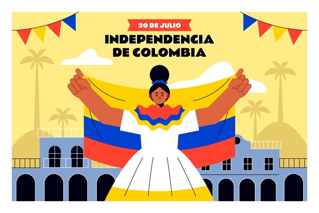 Fondo plano 20 de julio con mujer sosteniendo bandera