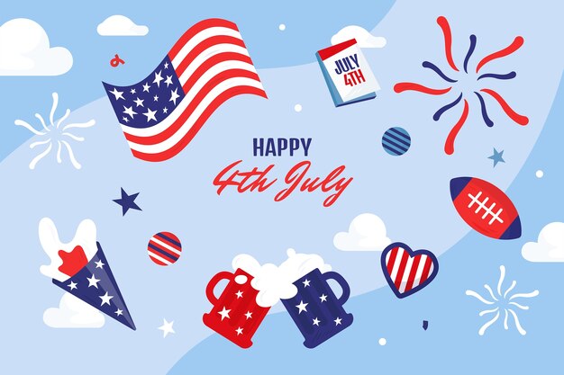 Fondo plano del 4 de julio con fuegos artificiales
