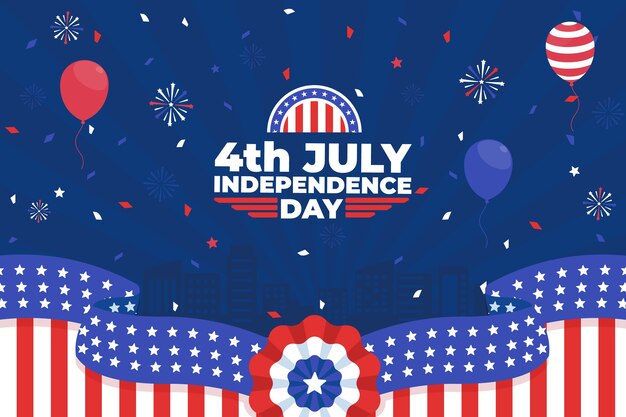 Fondo plano del 4 de julio con globos y confeti