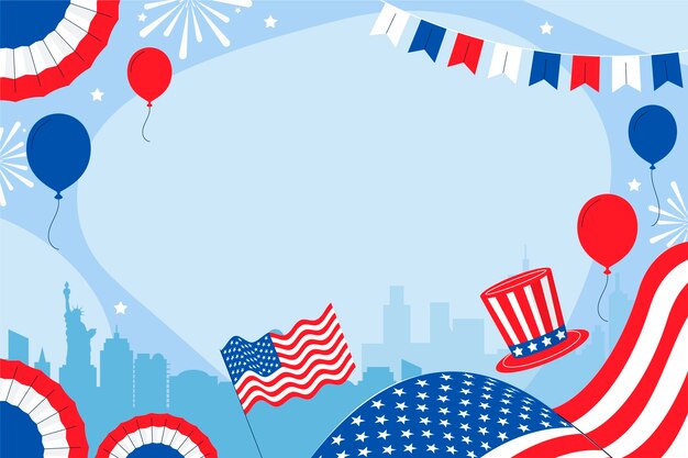 Fondo plano del 4 de julio con globos y sombrero
