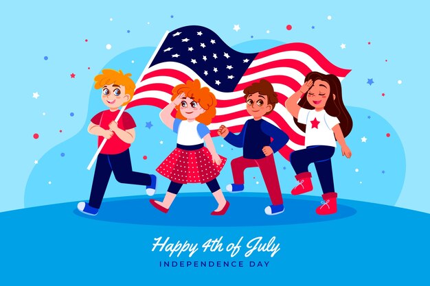 Fondo plano del 4 de julio con niños y bandera