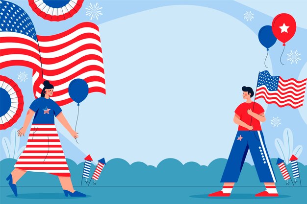 Fondo plano del 4 de julio con personas sosteniendo globos y bandera