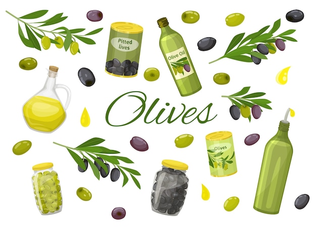 Vector gratuito fondo plano de aceitunas verdes y negras con aceite en botellas e ilustración vectorial enlatada