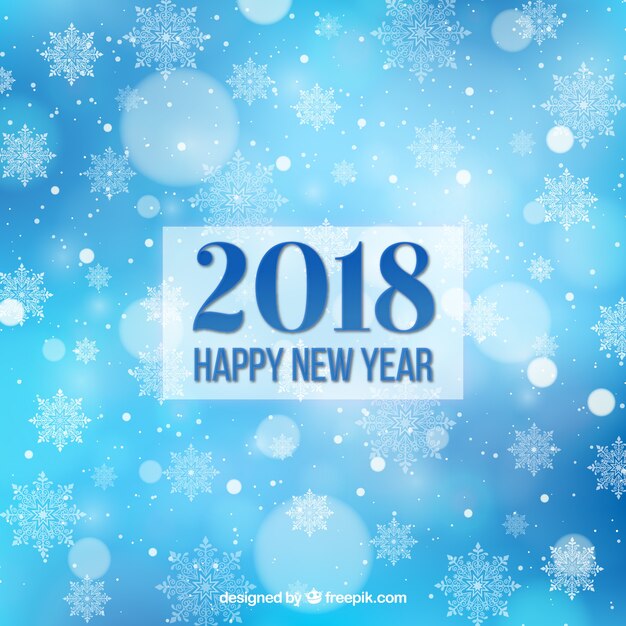 Fondo plano de año nuevo 2018 en azul con copos de nieve