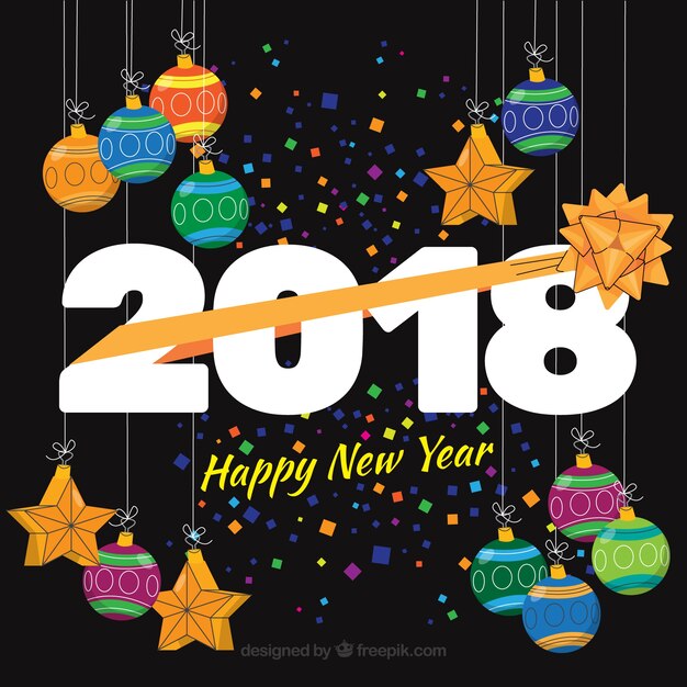 Fondo plano de año nuevo 2018 con coloridos adornos y estrellas