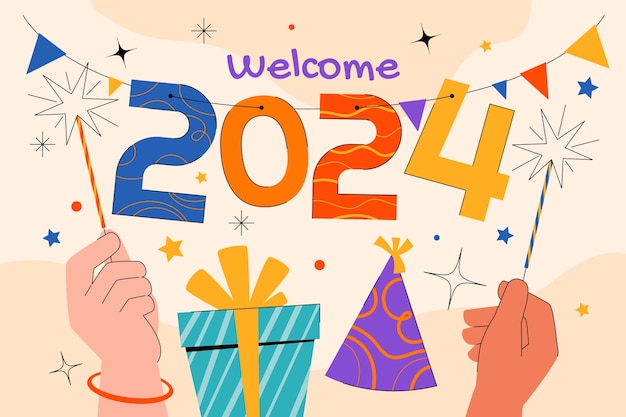 Vector gratuito fondo plano para el año nuevo 2024 con manos sosteniendo bengalas y presente