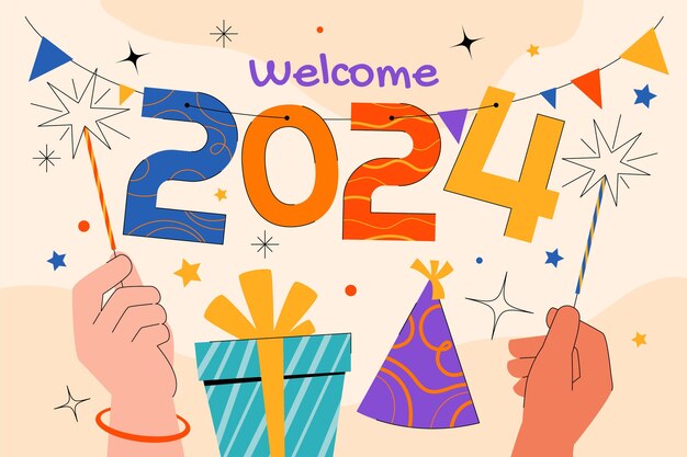 Fondo plano para el año nuevo 2024 con manos sosteniendo bengalas y presente