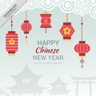 Fondo plano para el año nuevo chino con faroles rojos
