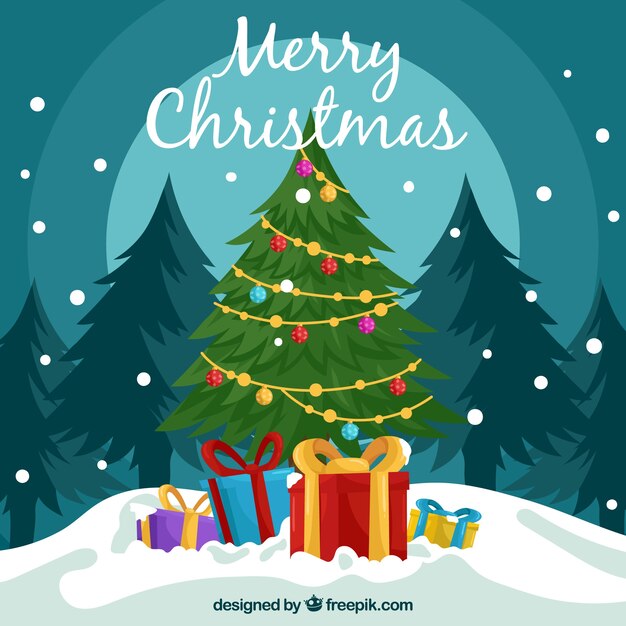 Fondo plano con árbol de navidad y regalos