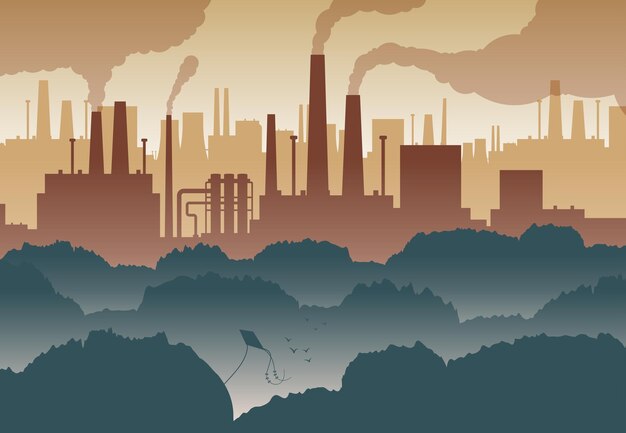 Fondo plano con árboles verdes y numerosas chimeneas de fábrica que contaminan la ilustración del aire