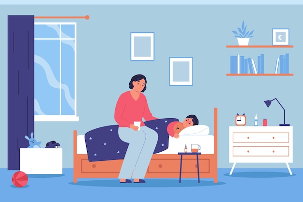 Fondo plano de atención médica con madre sentada con medicamentos cerca de la cama de su hijo enfermo ilustración vectorial