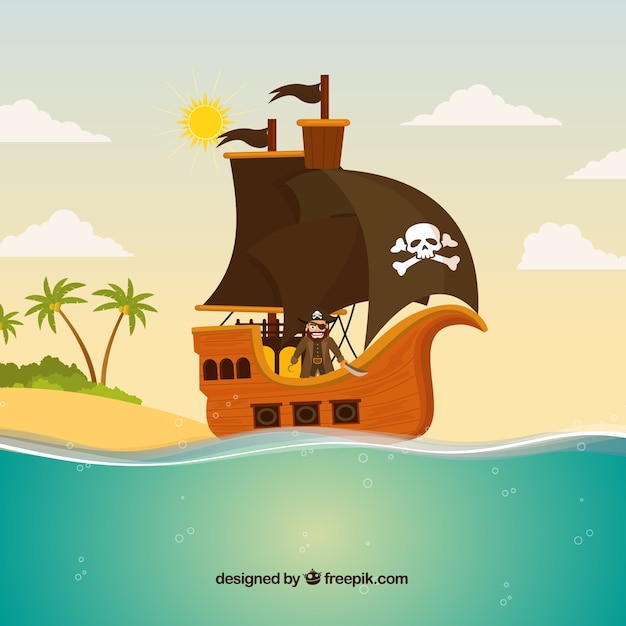 Vector gratuito fondo plano de barco pirata en el mar