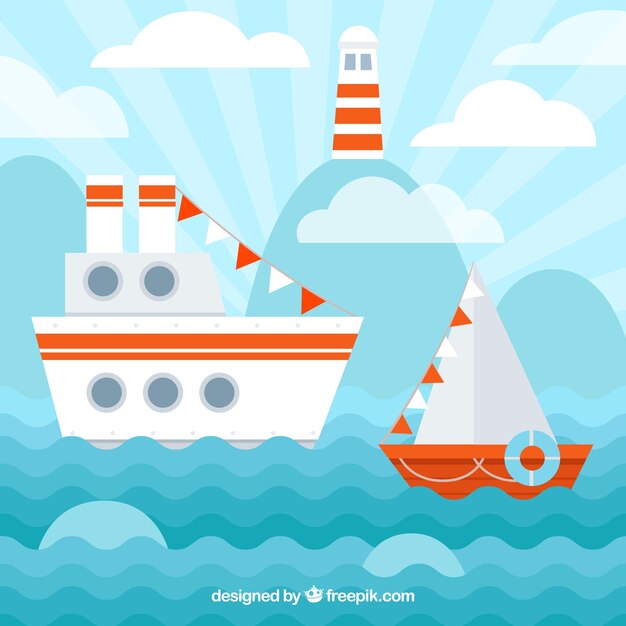 Fondo plano con barcos y faro