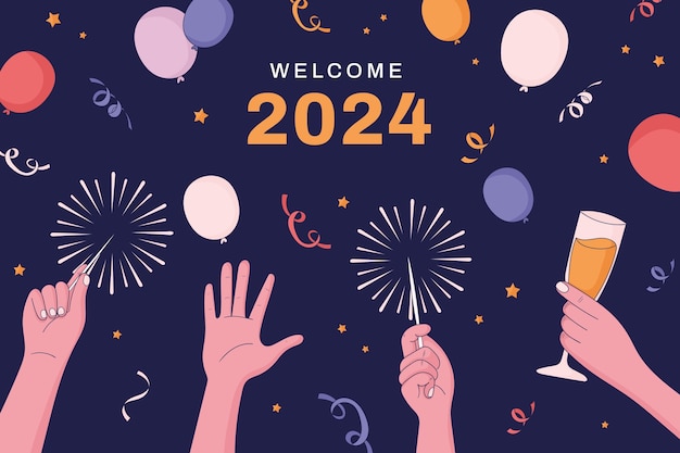 Vector gratuito fondo plano para la celebración del año nuevo 2024 con personas sosteniendo bebidas y bengalas