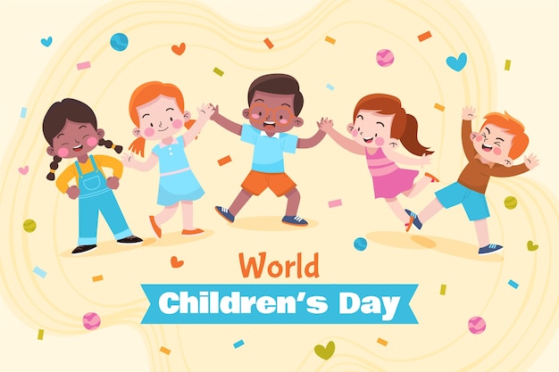 Vector gratuito fondo plano para la celebración del día mundial del niño con niños jugando