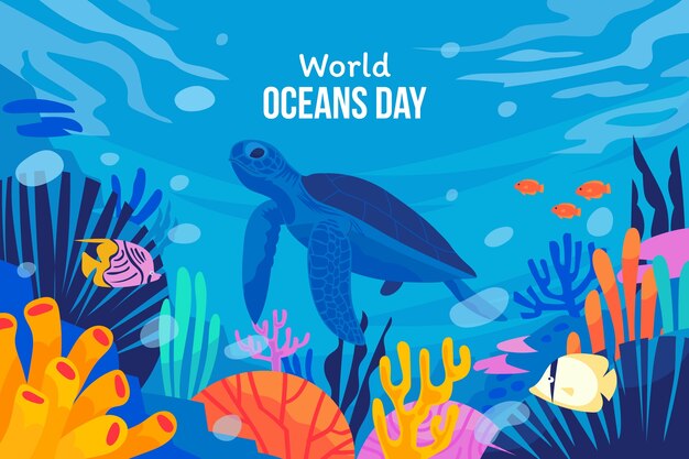 Fondo plano para la celebración del día mundial de los océanos con vida oceánica