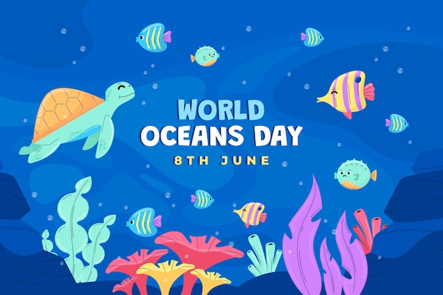 Vector gratuito fondo plano para la celebración del día mundial de los océanos con vida oceánica