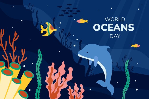 Vector gratuito fondo plano para la celebración del día mundial de los océanos con vida oceánica