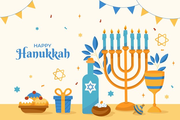 Fondo plano para la celebración de hanukkah con menorá y botella de vino