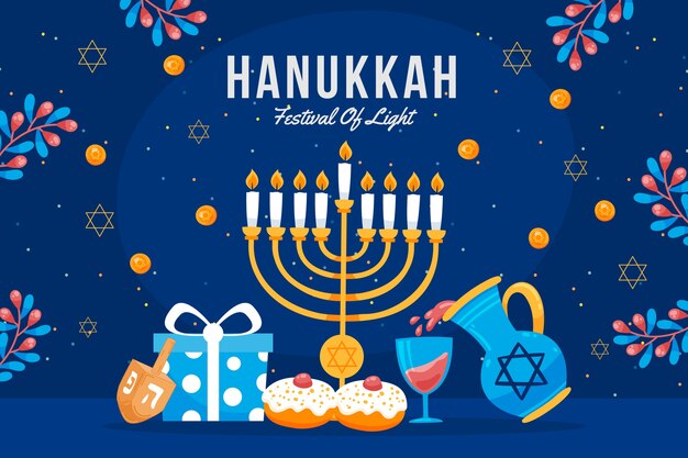 Fondo plano para la celebración de hanukkah con menorá y caja de regalo