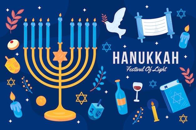 Fondo plano para la celebración de hanukkah con menorá y paloma