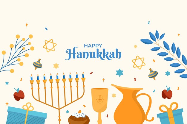 Fondo plano para la celebración de hanukkah con menorá y regalos