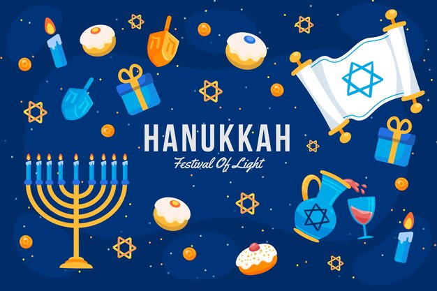 Fondo plano para la celebración de hanukkah con pergamino y velas