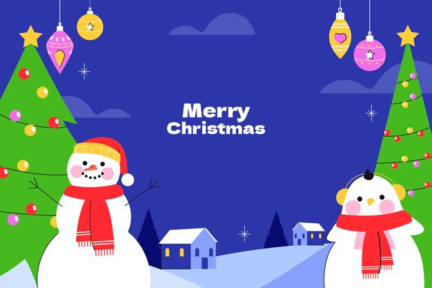 Fondo plano para la celebración de la temporada navideña con muñeco de nieve y pingüino.