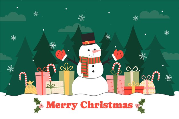 Fondo plano para la celebración de la temporada navideña con muñeco de nieve y regalos.