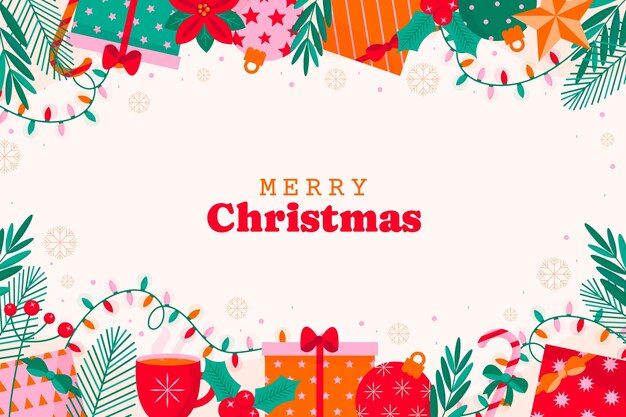 Fondo plano para la celebración de la temporada navideña con regalos.