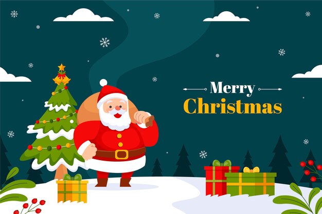 Fondo plano para la celebración de la temporada navideña con santa y regalos