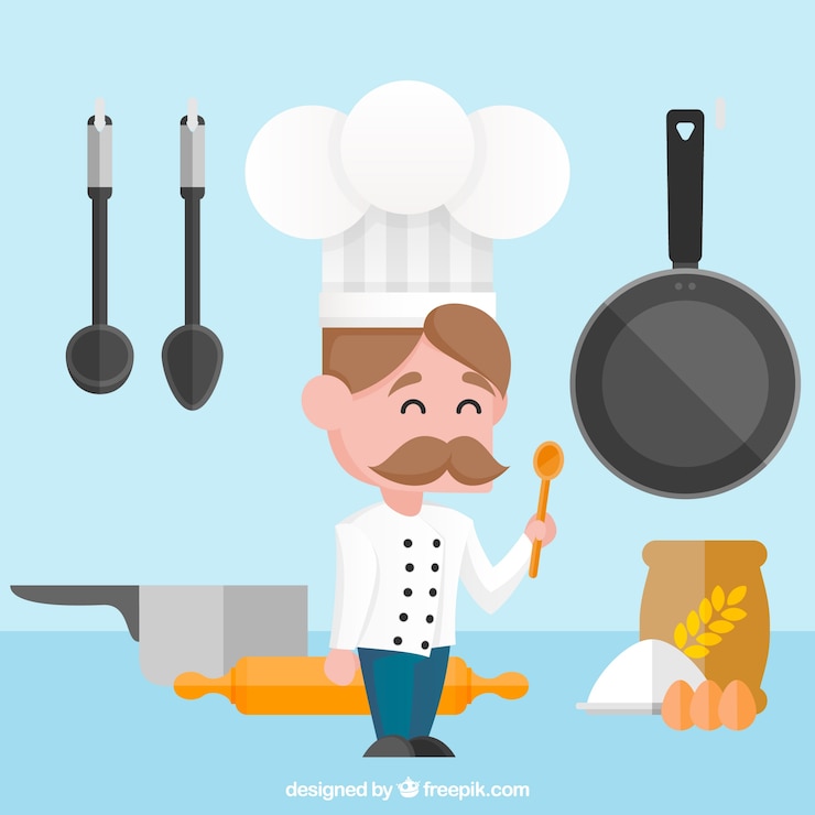 Vector gratuito fondo plano de chef sonriente con cuchara de madera