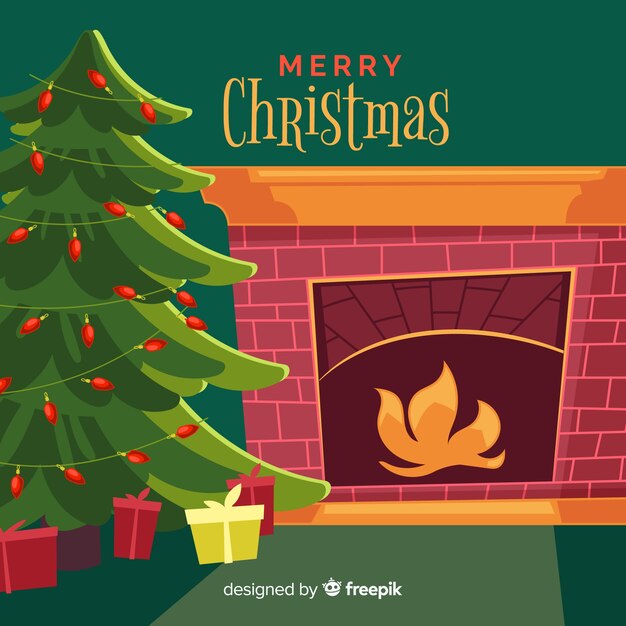 Fondo plano chimenea y árbol de navidad