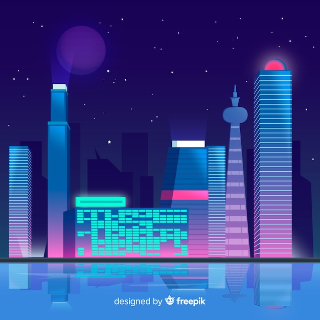 Fondo plano ciudad futurista de noche