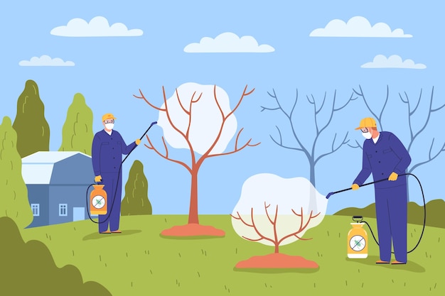 Fondo plano de control de plagas con empleados de servicio en uniforme con globos rociando árboles y arbustos ilustración vectorial