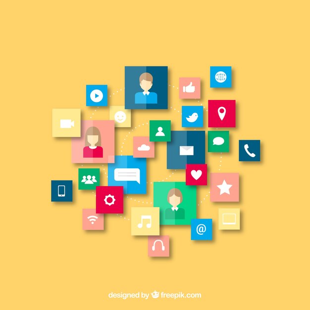 Fondo plano de cuadrados de colores y elementos de medios sociales