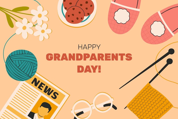 Fondo plano del día de los abuelos con agujas de tejer y zapatillas