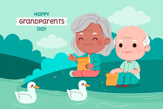 Fondo plano del día de los abuelos con pareja mayor alimentando patos