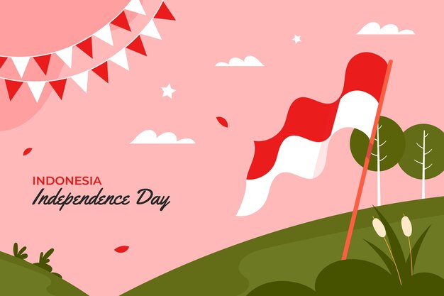 Fondo plano del día de la independencia de indonesia con bandera y banderines