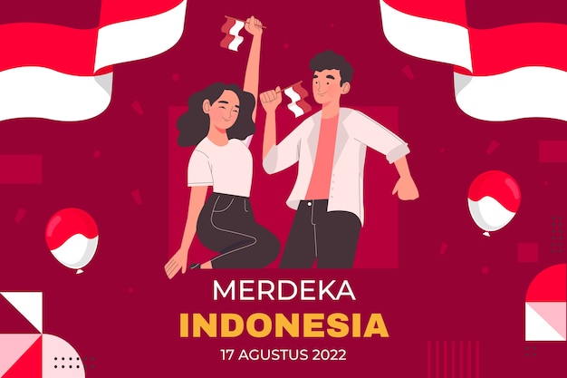 Fondo plano del día de la independencia de indonesia con gente bailando y sosteniendo banderas