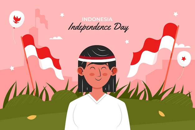 Fondo plano del día de la independencia de indonesia con mujer y banderas