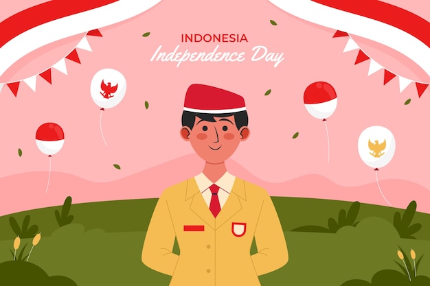 Vector gratuito fondo plano del día de la independencia de indonesia con soldado