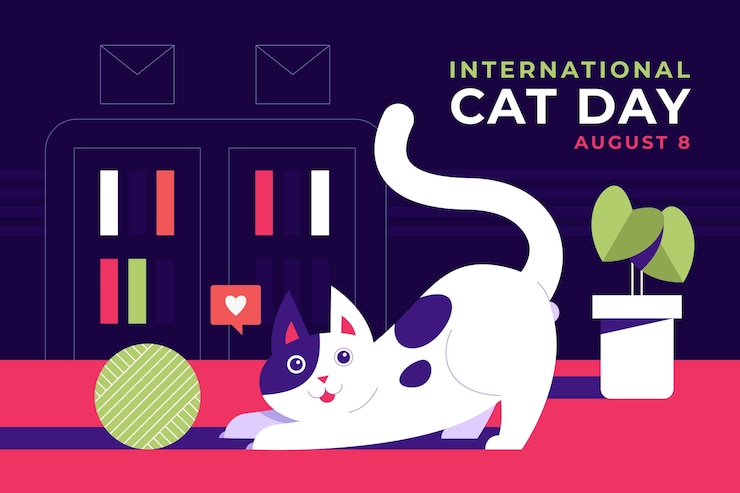 Vector gratuito fondo plano del día internacional del gato con gato e hilo