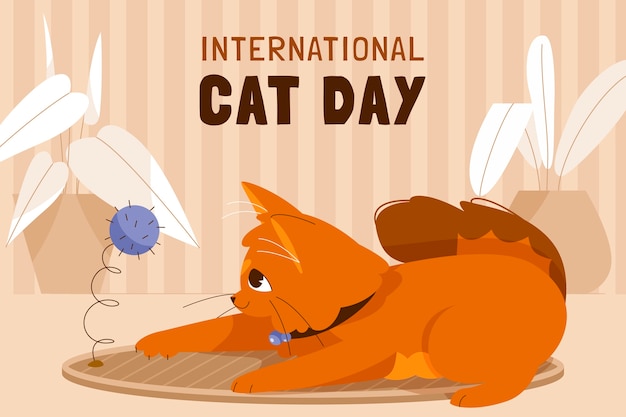 Fondo plano del día internacional del gato con gato y juguete