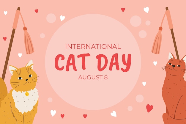 Vector gratuito fondo plano del día internacional del gato con gatos y corazones