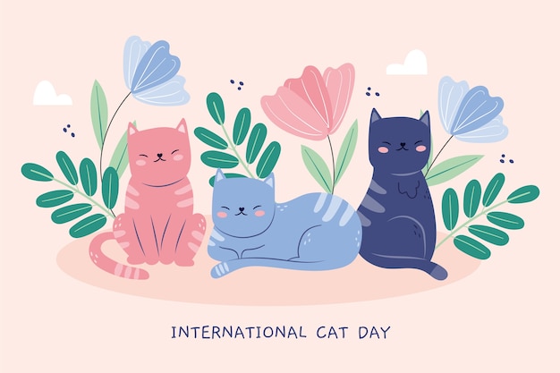 Fondo plano del día internacional del gato con gatos y hojas